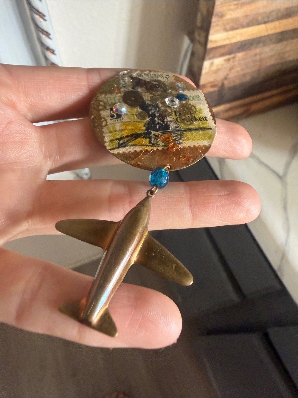 Handmade vintage brass Mixed-Media Airplane brooch pin - Gold & Blue